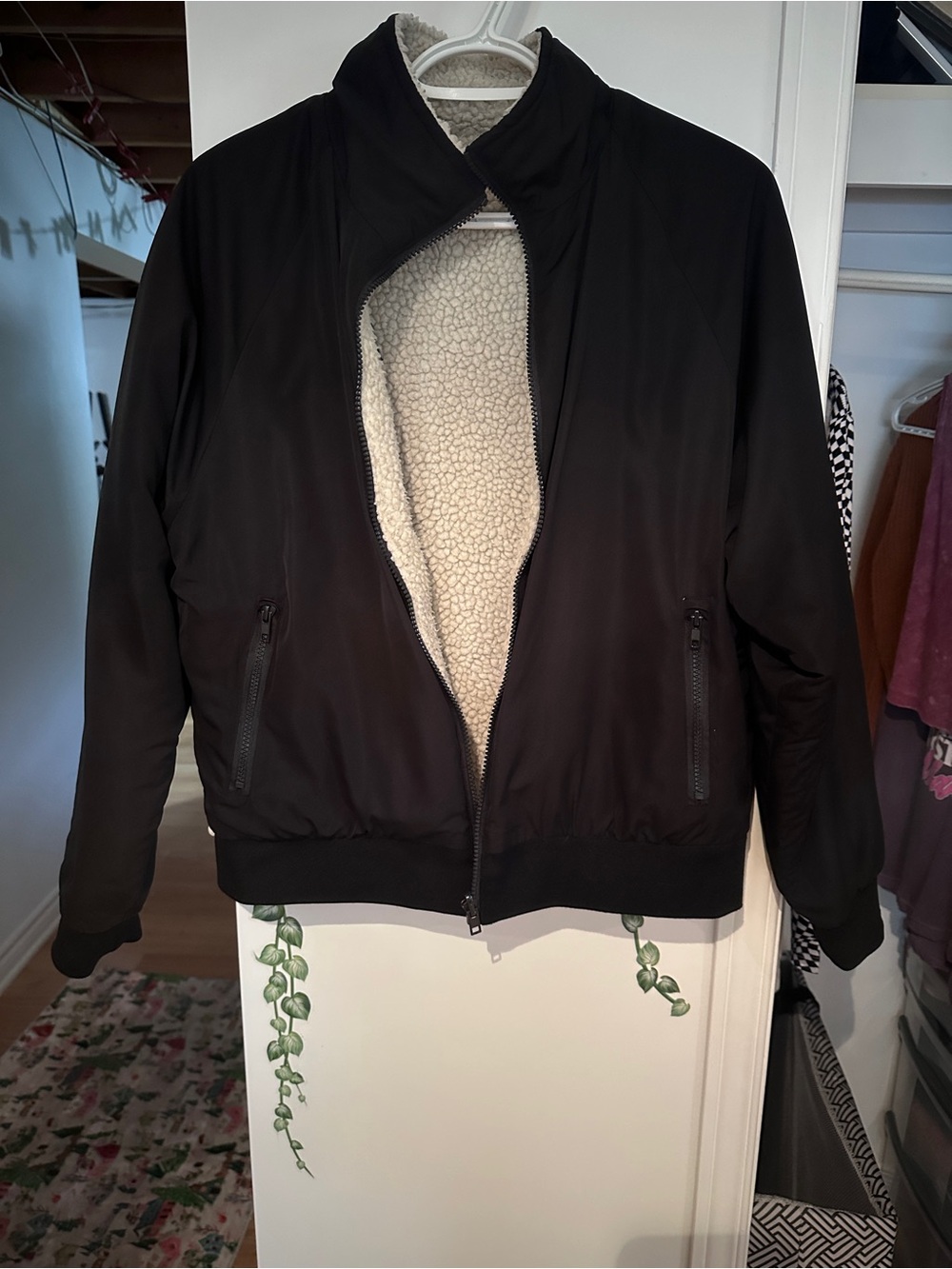 Reversible Women's Black Sherpa-Lined Bomber Jacket